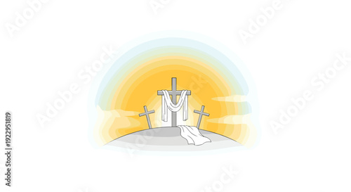 Three crosses on a small hill, with one draped in white cloth, under a bright halo of light.