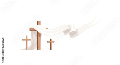 Three wooden crosses, with a large dynamic white cloth flowing dramatically from the central cross.