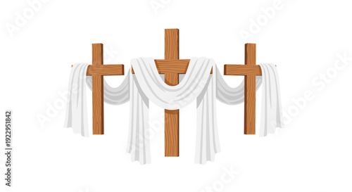 Three rustic wooden crosses prominently draped with flowing white fabric against a clean background.