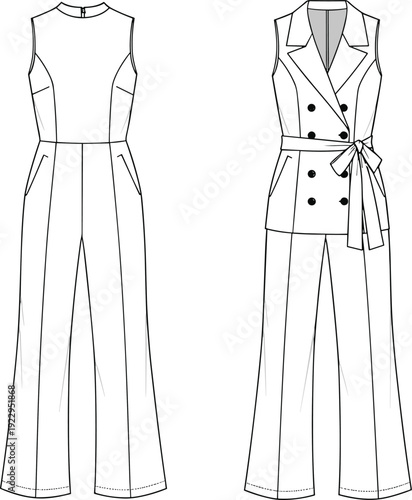 Fashion flat sketch of sleeveless jumpsuit and double breasted belted vest, technical CAD drawing, apparel design, vector illustration