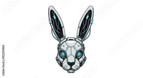 A detailed robotic rabbit head with glowing blue eyes and exposed circuits visible in its tall ears.