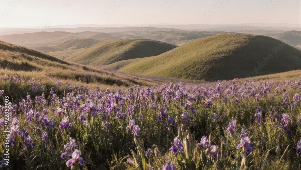Fototapeta premium Rolling Hills Landscape with Wild Iris Flowers in Bloom.