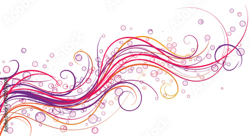 An abstract floral design featuring swirling purple, pink, and orange lines adorned with numerous small translucent bubbles on a white background.