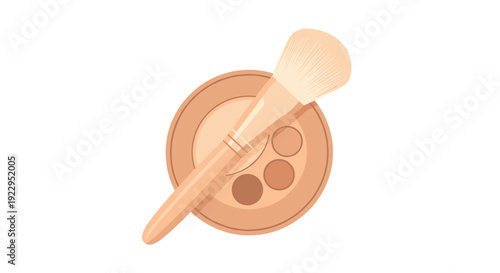 A soft cosmetic brush resting diagonally on a round makeup palette containing various shades of powder, on a white background.
