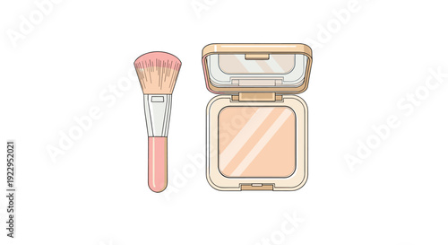 A rectangular makeup compact with an open lid and mirror, positioned next to a pink cosmetic brush, on a white background.