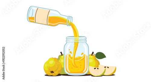 Fresh yellow quinces with slices positioned beside a glass jar receiving orange juice poured from a glass bottle on a white background.