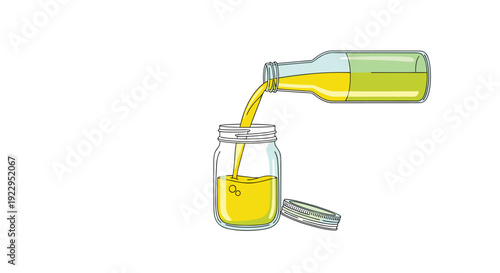 Yellow-green liquid being poured from a clear glass bottle into an open glass jar with a lid next to it, on a white background.