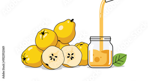 Fresh yellow quinces, some cut in half, arranged next to a glass jar receiving juice poured from above, with a green leaf.