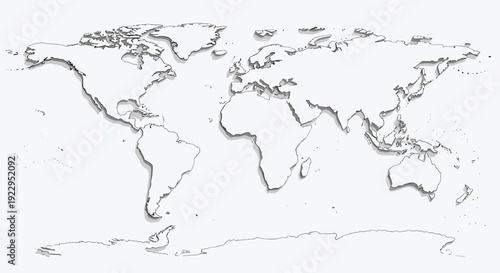 A white outlined world map with subtle shadows depicting continents and oceans, isolated on a light gray background.
