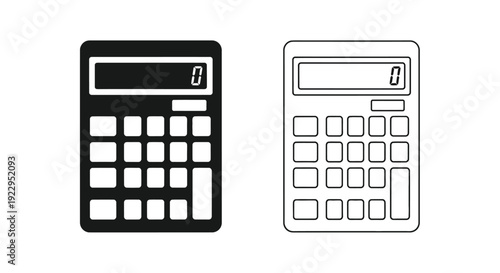 Two calculators shown in contrasting black and white line art styles