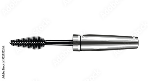 A metallic silver mascara tube and its applicator brush are depicted horizontally, showcasing a makeup tool.