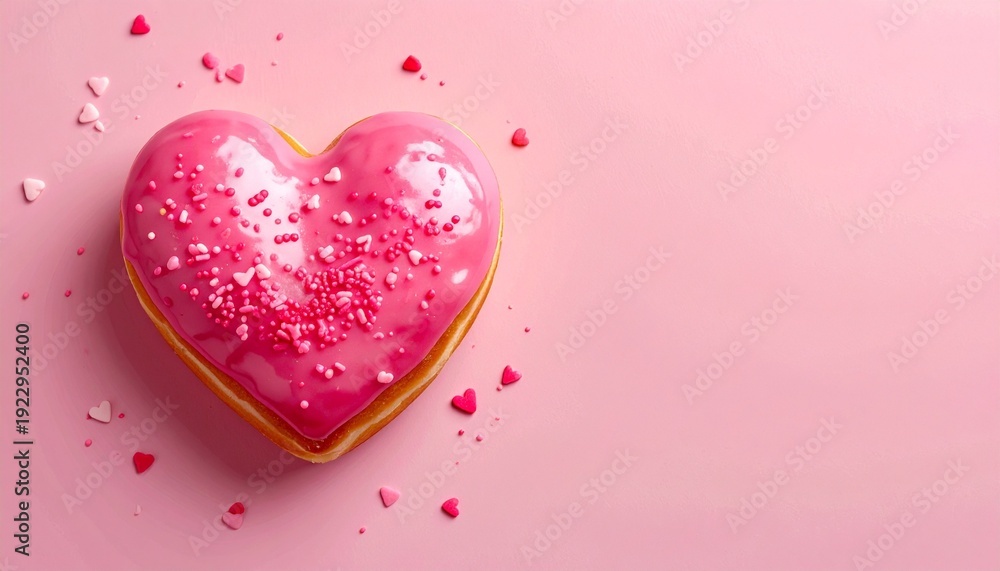 Obraz premium A heart‑shaped donut with pink icing and sprinkles rests on pastel background, radiating sweetness, love, and playful charm, symbolizing celebration, affection, and joyful indulgence.