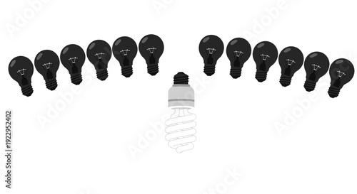 A single white spiral compact fluorescent light bulb stands in the center of a curved row of dark unlit traditional bulbs.