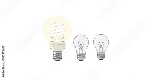 A bright glowing spiral compact fluorescent light bulb stands next to two unlit traditional incandescent bulbs.
