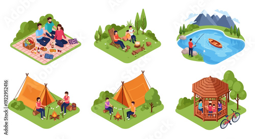 Camping scenes with people enjoying outdoor activities.