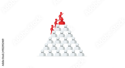 Three red figures climb a pyramid of white silhouetted people, with one red figure standing on the very peak.