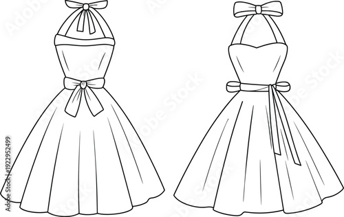 Fashion flat sketch of vintage halter dresses with bow details, flared skirt design, front and back views, vector CAD illustration