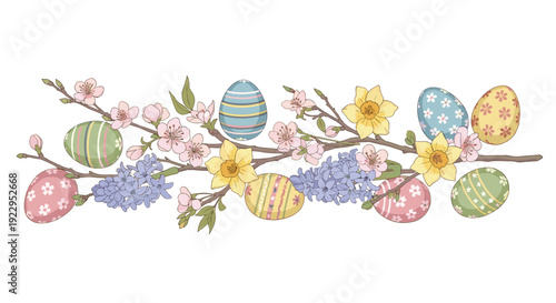A decorative branch with cherry blossoms, daffodils, hyacinths, and patterned Easter eggs forms a vibrant festive border.