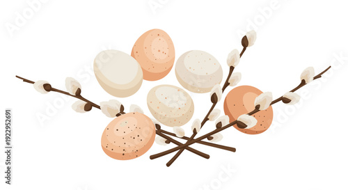 A charming arrangement of speckled and plain Easter eggs nestled amongst soft pussy willow branches on a white surface.