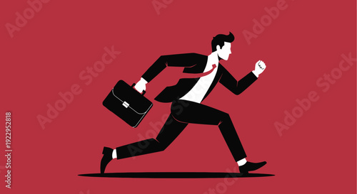 Dynamic businessman in suit running with briefcase against bold red background