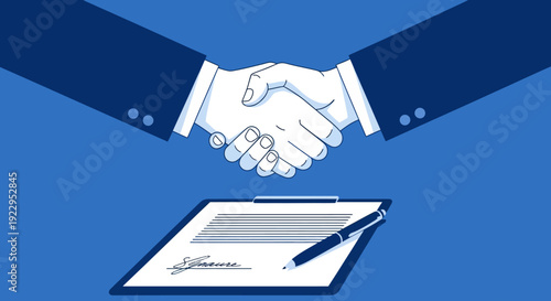 Two hands shaking above a signed contract and pen, representing agreement and partnership.
