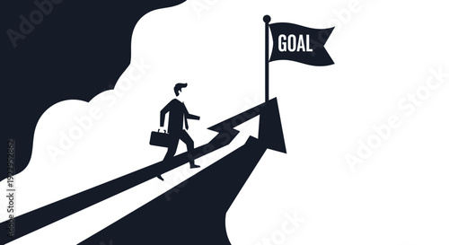 Determined businessman climbs upward arrow towards a flag marked 'GOAL'.