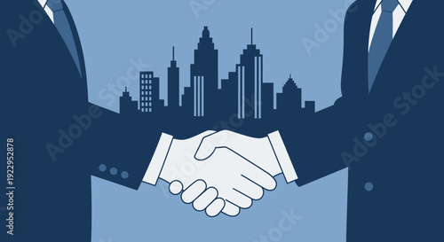 Two businessmen shaking hands in front of a city skyline symbolizing partnership and agreement