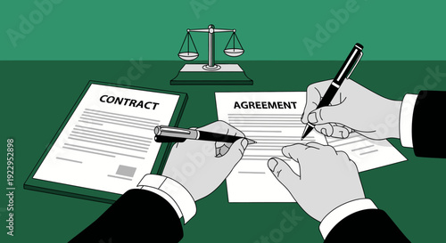 Hands signing legal documents, representing agreement and justice