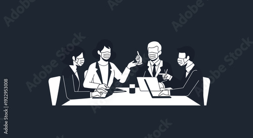 Diverse team collaborating and discussing ideas around a conference table, wearing masks