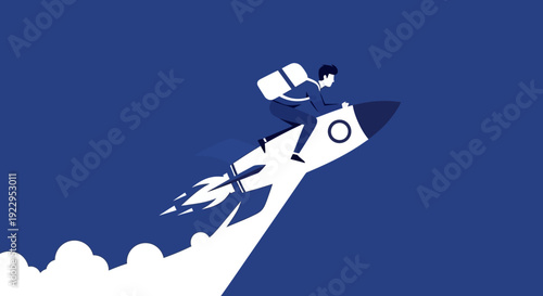 Ambitious person soaring on a rocket, symbolizing innovation and future success.