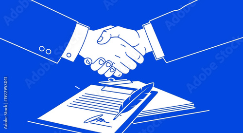 Two hands shaking over a signed contract, symbolizing agreement and partnership.