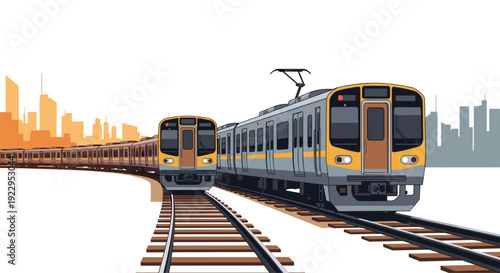 Two modern passenger trains on diverging railway tracks, with a city skyline visible in the background on a bright day.