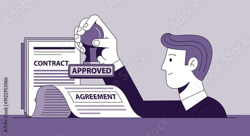 Man stamps 'approved' on contract and agreement documents, signifying successful deal.