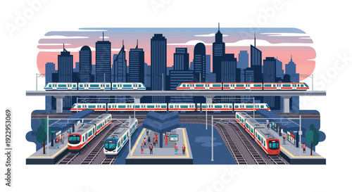 Busy urban train station with multiple passenger trains on elevated and ground tracks and people on platforms.