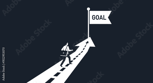 Determined person climbing upwards on a road towards a flag labeled 'GOAL'.