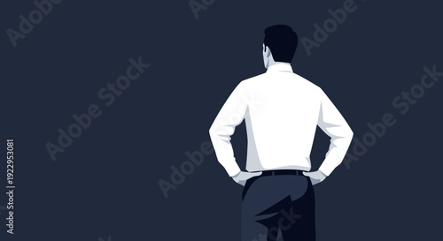 Man in white shirt and dark pants looking forward with hands on hips
