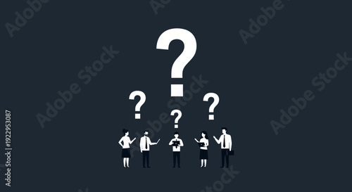 Diverse group of people looking up at a large question mark, seeking answers and solutions.