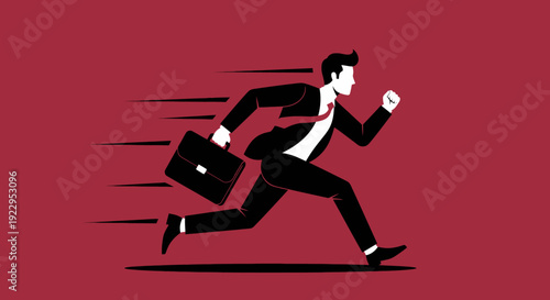 Dynamic businessman in suit running with briefcase, conveying speed and ambition on a vibrant background.