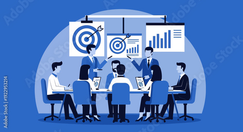 Diverse team collaborating in a modern boardroom, strategizing with charts and targets for business growth.