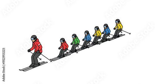 A group of cartoon-style skiers in colorful jackets and helmets ski together down a snowy slope in a line.