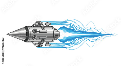 A detailed futuristic rocket with a pointed nose cone emits blue energy streaks and a powerful flame jet for propulsion.