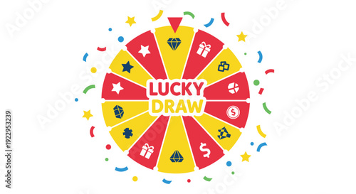 Colorful spinning wheel with Lucky Draw text and various prize icons is surrounded by festive confetti.