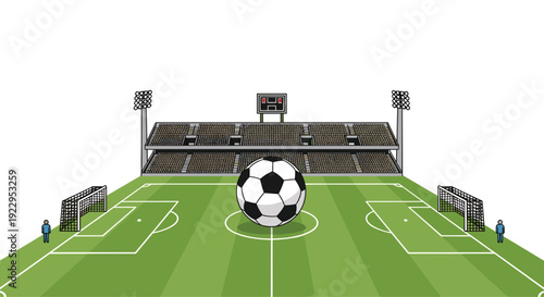 Large soccer ball sits on a green field within a stadium featuring goals, a scoreboard, and small figures.