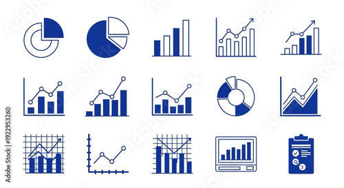 Collection of modern blue and white charts and graphs illustrating data analysis and growth.