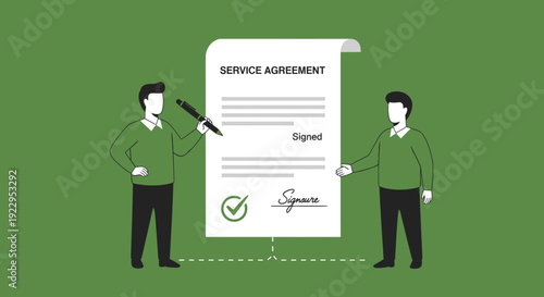 Two men reviewing and signing a service agreement document, representing contract and business deal completion.