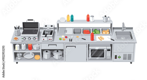 Commercial kitchen counter is equipped with a grill, fryer, sink, microwave, fridge, and various food preparation stations.