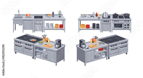 Four sets of professional stainless steel kitchen equipment with stoves, ovens, sinks, and prep counters are shown.