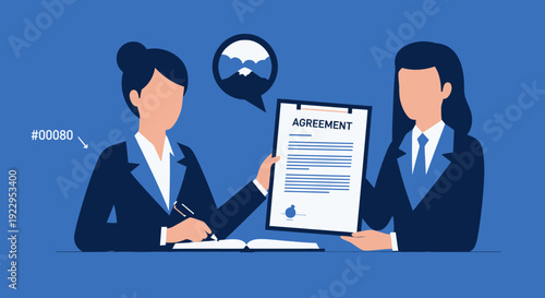 Two businesswomen in suits signing an agreement, symbolizing partnership and success.