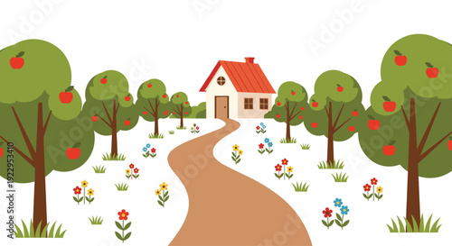 A small house with a red roof sits amidst apple trees and colorful wildflowers along a winding dirt path in a rural garden.