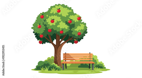 A large apple tree laden with red fruit stands next to a wooden park bench on a patch of green grass.